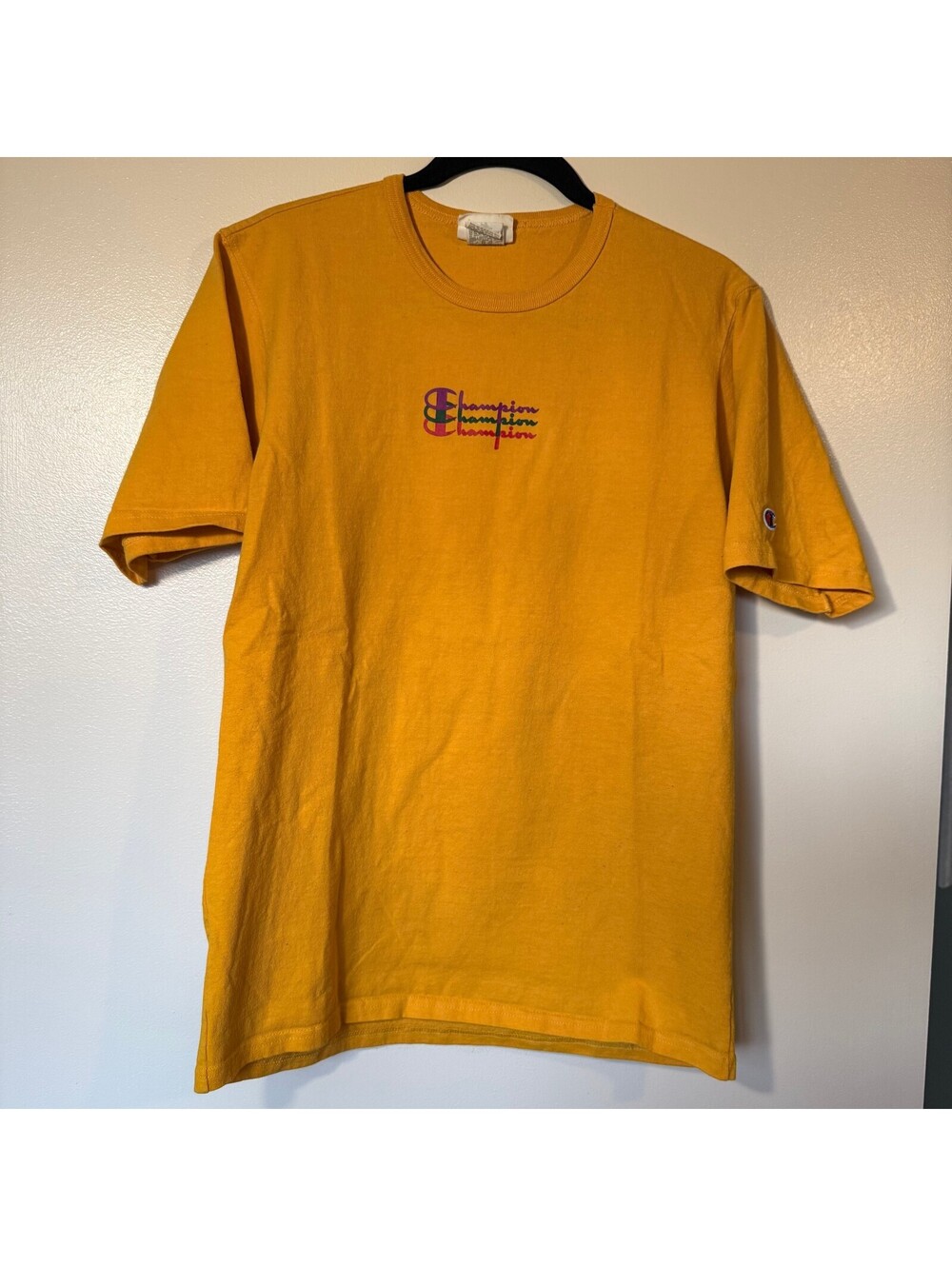 Vintage 90s Champion Graphic T-Shirt Gold Mustard Spellout Back Print M - Picture 2 of 8